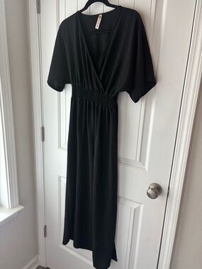 Vanilla Bay Black V-Neck Smocked-Waist Maxi Dress